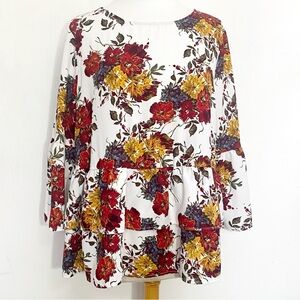 Time and Tru Floral Tunic Red Yellow Print Bell Sleeve Ruffle Hem XXL